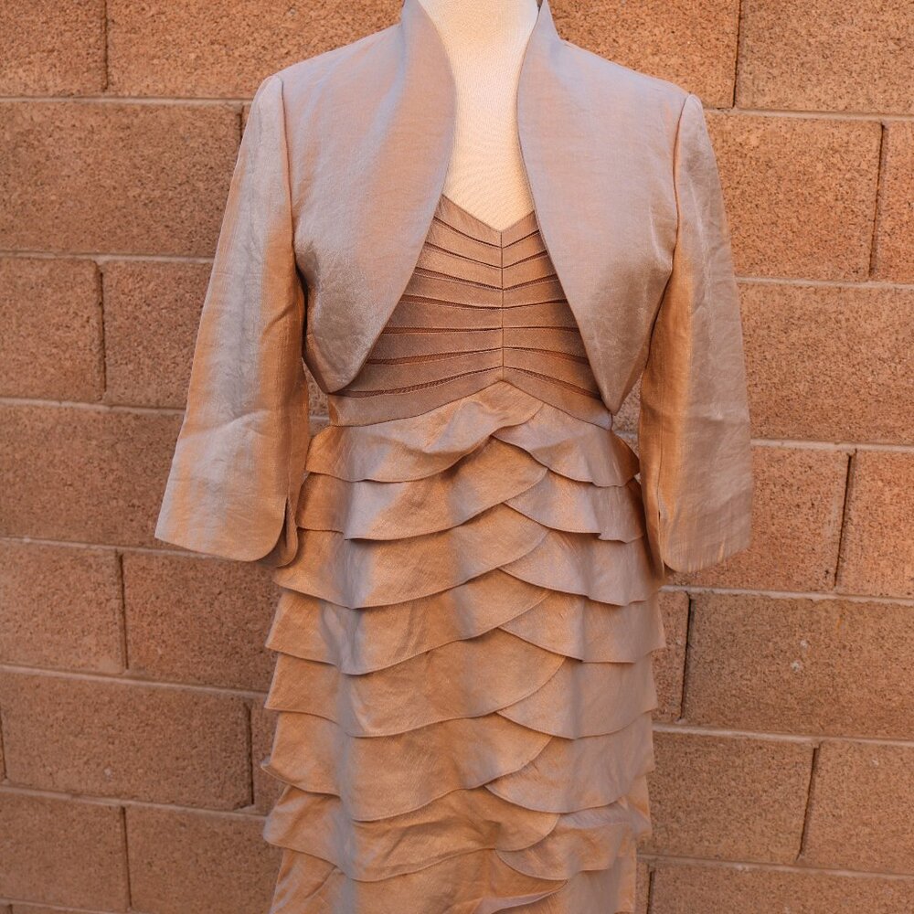 Adrianna Papell Sheath Dress Bolero Set Tiered Ruffle Knee V Neck Champagne